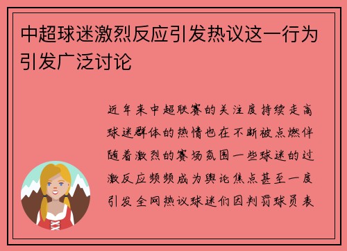 中超球迷激烈反应引发热议这一行为引发广泛讨论
